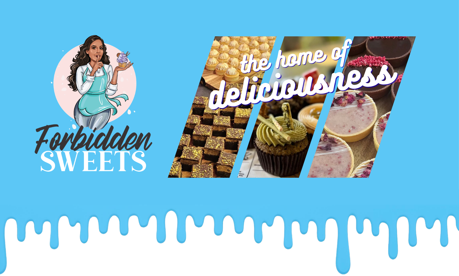 Promotional graphic for 'Forbidden Sweets' with images of desserts and a blue background.